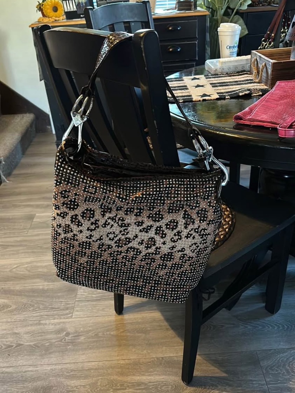 Leopard Print Rhinestone Shoulder Bag - Black & Tan